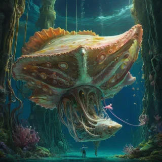 Digital art of a giant conch and squid shaped sci-fi tower under the ocean water, visible window lights in the squid and shell, the squid parts glow with a vibrant light, white, green, gold, and pink accent colors, Michael Whelan and Jeremy Mann art style influence, cheerful mood