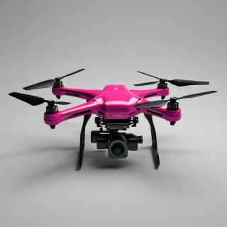 A pink drone, full-body view, wide shot, on a plain white background, with a film noir aesthetic, high contrast, dark shadows, and a hint of mist, in the style of a digital illustration, with bold lines and vibrant colors, on a plain white background, even lighting