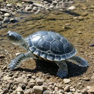a clear glass turtle with intricate etchings showing its scutes walking on small rocks near a tiny creek on a sunny day