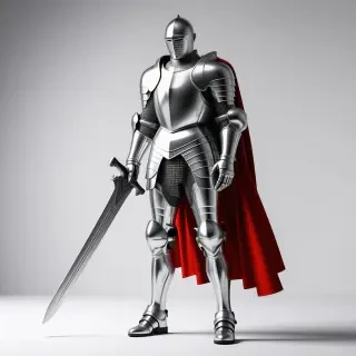 A fully armored medieval knight standing in a wide shot with feet visible, on a plain white background, with a digital art style and dynamic shadows, wearing a suit of shiny silver armor, a red cape flowing behind, and holding a large broadsword in the right hand, and a bright backlight to highlight the armor's details