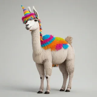 A colorful cartoon style llama with a big smile and bright, shiny eyes, wearing a fun party hat, standing in a full-body view on a plain white background, with a wide shot and feet visible, in a digital art style with bold lines and vibrant colors, on a plain white background, even lighting 