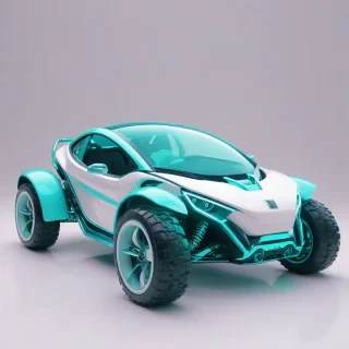 A futuristic turquoise buggy in a wide shot, with a full-body view, on a plain white background, with a vaporwave aesthetic, featuring pastel colors and a dreamy atmosphere, with neon lights and a sense of nostalgia, in a high-definition digital art style, with precise details and textures, and a subtle gradient effect, on a plain white background, even lighting