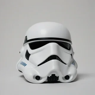 Storm trooper helmet, on a plain white background, even lighting