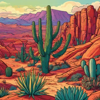 Cartoon style desert setting, with vivid colors, bold lines, with red rocks and cactus