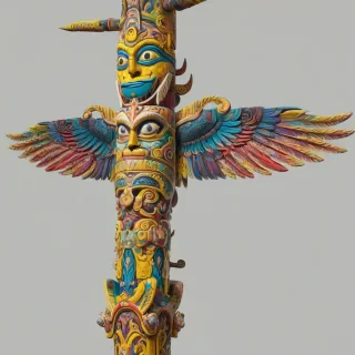 A brightly colored, medieval-inspired totem pole, with a vibrant yellow base and intricate carvings of mythical creatures, set against a plain white background, in a wide shot with the entire pole visible from top to bottom, with a sense of mysticism and ancient storytelling, in the style of a digital illustration with bold lines and textures, on a plain white background, even lighting, on a plain white background, even lighting 