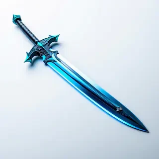 a teal, intricately designed fantasy sword with a glowing blue blade, hilt, and pommel, set against a plain white background, in a wide shot with the entire sword visible, including the handle and crossguard, in a digital art style with vibrant colors and dynamic lighting