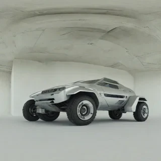A silver rover with a brutalist architectural style, featuring sharp edges and a geometric shape, set against a plain white background, with a wide shot and the rover's wheels and body fully visible, in a digital art style with a mix of 3D rendering and abstract textures, with a focus on dynamic shadows and a sense of industrial futurism, on a plain white background, even lighting