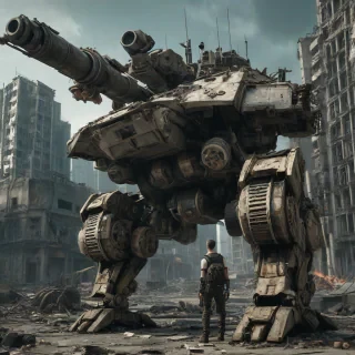 A post-apocalyptic tank with an additional set of mechanical limbs and a more prominent mech torso on top, with bright lighting, wide-angle shot, from the waist up, on a ruined cityscape background with a sunken skyscraper in the distance