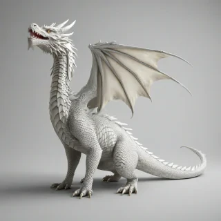 A full-body view of a white dragon, in a medieval setting, with a wide shot, on a plain white background, featuring intricate scales and a regal demeanor, in the style of a digital illustration, with soft lighting and dynamic shadows, on a plain white background, even lighting