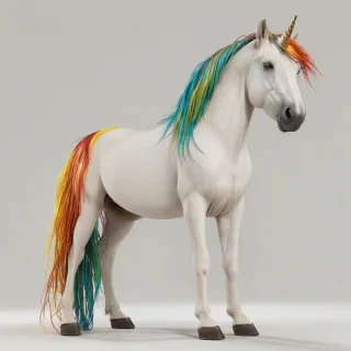 A picture of a unicorn, full-body view, looking straight down on its back, with a shiny white coat and a rainbow-colored mane, on a plain white background, in a wide shot, with its legs and hooves visible, in a digital art style with bold lines and vibrant colors