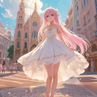 A magical anime girl with pastel pink hair and blue eyes, wearing a flowing white and gold dress, standing in a full-body view with her feet visible, in a magical city , with a soft, warm lighting and a subtle sparkle effect, in a anime art style with bold lines and vibrant colors