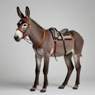 A donkey, full-body view, standing on a plain white background, with a grey and brown coat, wearing a harness, with its ears perked up and its eyes looking straight ahead, in a digital art style with bold lines and vibrant colors, wide shot, feet visible