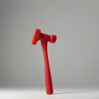 A full-body view of a plastic red squeaky toy hammer, isolated on a plain white background, with a wide-angle shot, and a soft, natural light, in a digital art style with bold lines and vibrant colors, on a plain white background, even lighting 