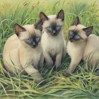 Watercolor of three Siamese kittens playing in a field