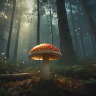 a large, vibrant mushroom with a wide cap, in the middle of a dense, misty forest with tall trees and twinkling fireflies, full-body view, wide shot, feet visible, digital art style, warm lighting, dynamic shadows