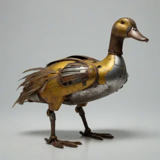 A rusted and worn robotic duck, full-body view, with faded yellow and brown metallic feathers, standing on a plain white background, with a wide-angle shot, and soft natural lighting, with subtle texture and shading, on a plain white background, even lighting