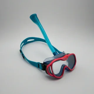 swimming goggles with snorkel, only thing in the image, wide angle shot, on a plain white background, even lighting