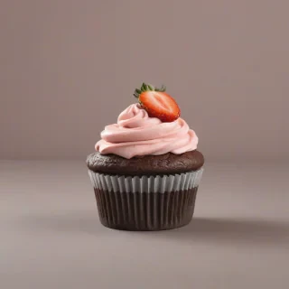 A contemporary style, full-body view, wide shot, of a chocolate cupcake with strawberry frosting