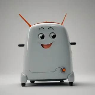 The Brave Little Toaster, full-body view, on a plain white background, with a wide shot, digital art style, on a plain white background, even lighting 