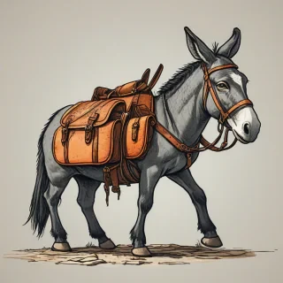 Hand- drawn cartoon style, common medieval village donkey, with side saddle bags, with bold lines, vivid colors, bright lighting, wide angle shot, feet visible,, on a plain white background, even lighting