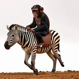 A chimpanzee riding a zebra