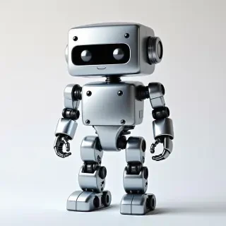 Create a 3D model of a toy robot with a sleek, metallic finish. The robot should have a boxy torso, a rounded head with small circular eyes and a slight smile, and short, stubby arms with simple hands. Its legs should be sturdy with oversized, flat rectangular feet for stability. Include small details like joint bolts and a smooth, reflective surface to emphasize its toy-like appearance. The overall design should be cute and minimalist, with a shiny silver color