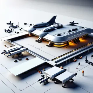 A futuristic air unit construction building with a sleek, metallic design, surrounded by a landing strip and hangars, set on a plain white background, in a wide shot with the building's full body visible, utilizing a digital art style with vibrant colors and dynamic lighting, with a sense of depth and dimensionality