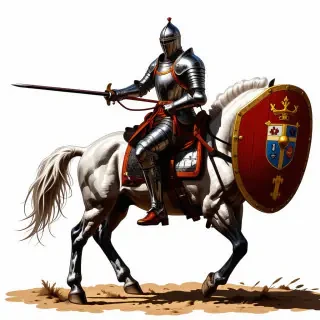 A full-view, highly detailed, medieval knight dressed in intricate chainmail armor, holding a jousting lance in one hand and a shield with a coat of arms in the other, sitting atop a majestic horse, with a wide-angle shot, dynamic lighting, and a plain white background, in the style of digital illustration