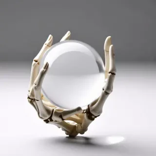 A skeleton of a human hand holding a crystal ball