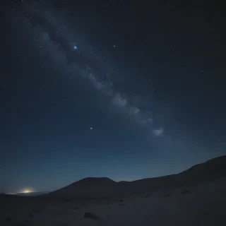 a realistic night sky with a vast array of twinkling stars, a full moon, and a subtle glow of the Milky Way, in a wide-angle shot with the horizon visible, with a dark blue and black color palette, and a sense of depth and dimensionality
