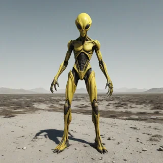 A full-body view of a yellow alien standing in a desolate, post-apocalyptic landscape, with a wide-angle shot, on a plain white background, in a digital art style, with dynamic shadows and a backlight, and a wide-angle lens for a unique visual effect, on a plain white background, even lighting