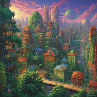 Vibrant ecopunk cityscape, lush greenery, colorful buildings, Jeff Easley art style, on white