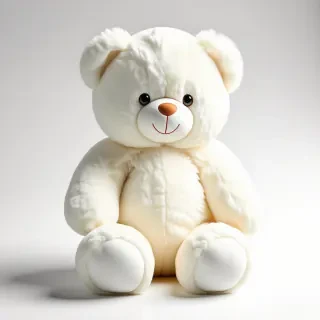 A cute, full-body view of a stuffed animal, a teddy bear with a soft, fluffy texture, white fur, and a sweet expression, sitting on a plain white background, with a wide-angle shot, and a warm, cozy lighting, in a digital art style