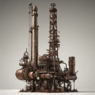 A pump oil rig in a dieselpunk style, with a mix of industrial and vintage elements, set against a plain white background, in a wide shot with the entire rig visible, featuring a dominant brown and metallic color scheme, with intricate details and textures, and a sense of nostalgia and retro-futurism, full-body view, with the rig's machinery and pipes prominently displayed, on a plain white background, even lighting 