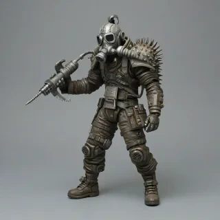 {
  "mode": "text-to-3d",
  "style": "realistic_sculpt",
  "prompt": "Create a 1/10 scale (18–20 cm) unpainted realistic collectible figure sculpt of a futuristic graffiti-style warrior in organic-realistic style. He has spiky hair, a mechanical gas mask, and holds a large industrial hammer on his shoulder. He wears armored gloves, baggy pants, heavy boots, and a fuel tank on his waist with hoses linking to the weapon. Blend soft fabric folds with hard armor plates; show lifelike anatomy and balanced, stable pose. Model should be gray resin prototype, high-poly, watertight, manifold, ready for 3D printing. Lighting clean and studio-like, no background, no color, no effects, no base, no stylization — just a full detailed sculpt.",
  "negative_prompt": "no color, no paint, no background, no text, no effects, no environment, no base, no stylization, no blur",
  "output_format": "stl",
  "quality": "high"
}, on a plain white background, even lighting