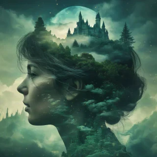 Double exposure portrait of a woman's head in profile, filled with a surreal dreamscape featuring a majestic fantasy castle nestled in clouds and lush green forests, detailed, realistic, atmospheric lighting, high resolution, no humanistic qualities, only show the surrealist landscape in the silhouetted shape of the head