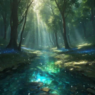 A serene and vibrant magical forest with glowing leaves in shades of emerald green and sapphire blue, and a sparkling crystal clear river running through it, with sunlight filtering through the trees, full-body view, wide shot, feet visible, digital art style, with dynamic shadows and a sense of depth, no humans, no animals, no buildings, no pollution
