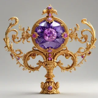 A highly ornate, purple, Baroque-style magical artifact, with intricate golden details and precious gems, set against a plain white background, in a wide shot with the entire artifact visible, rendered in a highly realistic and detailed style, with soft, warm lighting and subtle shadows, on a plain white background, even lighting 