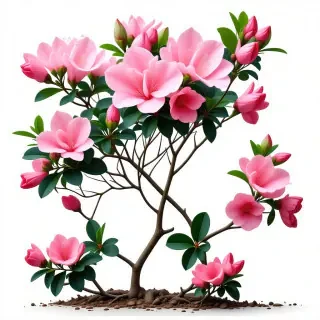 A full-body view of a vibrant pink azalea bush with delicate, funnel-shaped flowers and dark green leaves, set against a plain white background, with soft, natural lighting and a slight blur effect to emphasize the beauty of the flowers, in a realistic and detailed digital art style