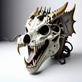 a dragon skull covered with snakes coming out of the mouth and eye sockets and climbing on the horns