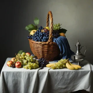 A wide shot of a full-body view of a basket of assorted fruit, including apples, bananas, and grapes, set against a plain white background, with a Steel Blue colored tablecloth draped over the basket, in a medieval style still life painting, with dramatic lighting and dynamic shadows, and a sense of depth and texture, on a plain white background, even lighting