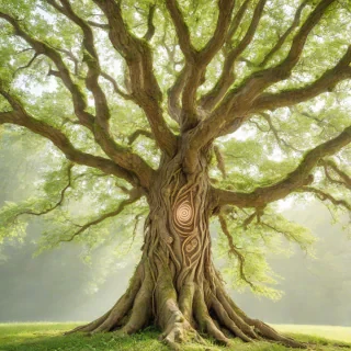 A majestic, full-body view of an enchanted tree with a khaki-colored trunk, sprawling branches, and vibrant green leaves, set against a plain white background, with intricate, glowing runes etched into the bark, and soft, ethereal lighting, in a fantasy style, reminiscent of a mystical forest, with a wide-angle shot, and a sense of depth and dimensionality, on a plain white background, even lighting 