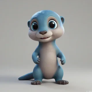 A cartoon style cute blue colored baby otter with a smile, in 3D animation style, full-body view, with bright and vibrant colors, standing on a plain white background, with a wide-angle shot, and dynamic lighting, featuring a small, rounded body, large eyes, and a tiny nose, with a happy and playful expression, on a plain white background, even lighting, on a plain white background, even lighting 
