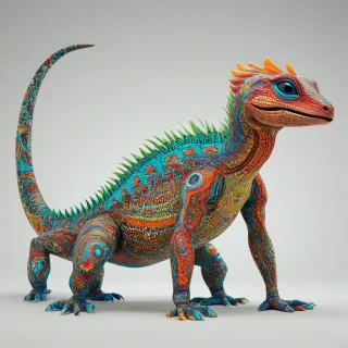 A vibrant, full-body view of a stylized desert creature, reminiscent of a lizard, in a dynamic Pop Art style, with bold lines, bright colors, and abstract patterns, set against a plain white background, with the creature's body and tail fully visible, wide shot, feet visible, on a plain white background, even lighting