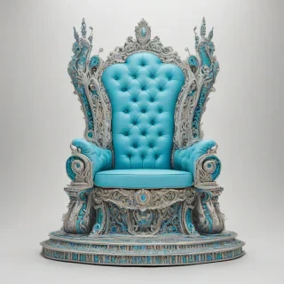 A majestic, Cyan-colored throne, with intricate carvings and ornate details, set against a plain white background, in a wide shot with the throne's base and legs fully visible, concept art style, with bold lines and vibrant colors, digitally painted with a mix of realistic and fantastical elements, on a plain white background, even lighting