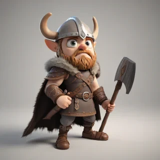 A cartoon style Viking dressed in Viking gear, in 3D animation style, with big eyes and rounded features, wearing a horned helmet, fur-lined cape, and holding a large battle-axe, in a wide shot, full-body view, with feet visible, on a plain white background, with dynamic shadows and a soft, warm lighting, on a plain white background, even lighting 
