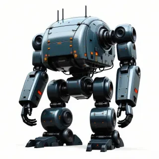 A large, slate-colored industrial robot with a metallic body, standing in a wide shot with its feet visible, set against a plain white background, with a digital art style and dynamic shadows, incorporating a sense of depth and texture, in an anime-inspired aesthetic