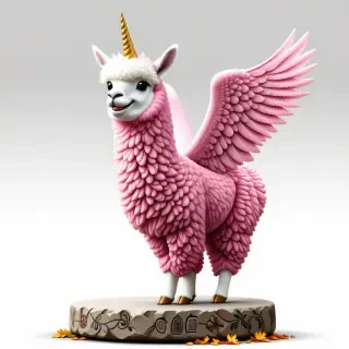 A happy llama with fluffy and curly fuscia fur, large pink angel wings, golden hooves, wide eyes, and a golden unicorn horn standing on a worn down stone platform engraved with images of flowers and vines