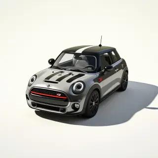 A mini cooper, car with two black stripes on the front of the car, full-body view, on a plain white background, with a wide-angle shot, and dynamic shadows, in a digital art style
