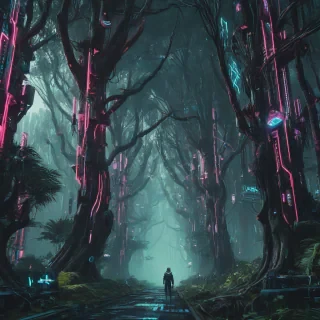 cyberpunk forest with cybernetic trees